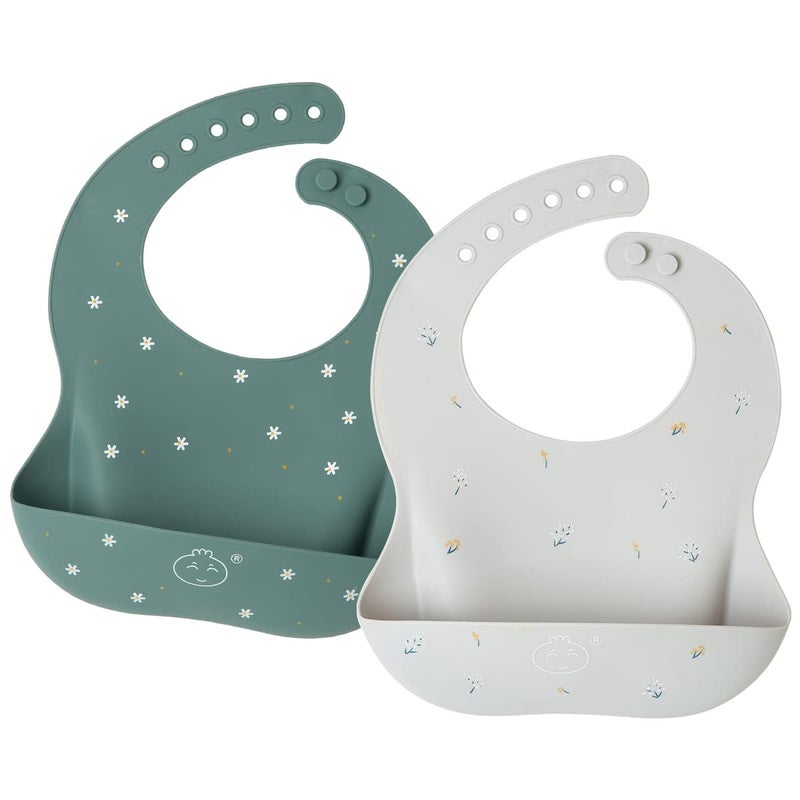 Little Dimsum Baby Bibs 2Pcs Silicone Baby Feeding Bibs Easily Adjustable and Wipe Clean Soft Waterproof Weaning Bibs Perfect Food Crumb Catcher for Babies & Toddlers (Flower Sets) - Image 1