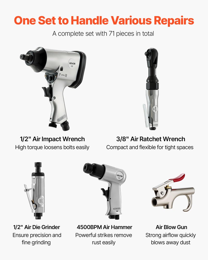 VEVOR 71 Pieces Pro Air Tool and Accessories Kit - 1/2" Air Impact Wrench, 3/8" Ratchet Wrench, 1/2" Die Grinder, 4500BPM Hammer, Blow Gun for Auto Repair, Home DIY Project - Storage Case Included - Image 2