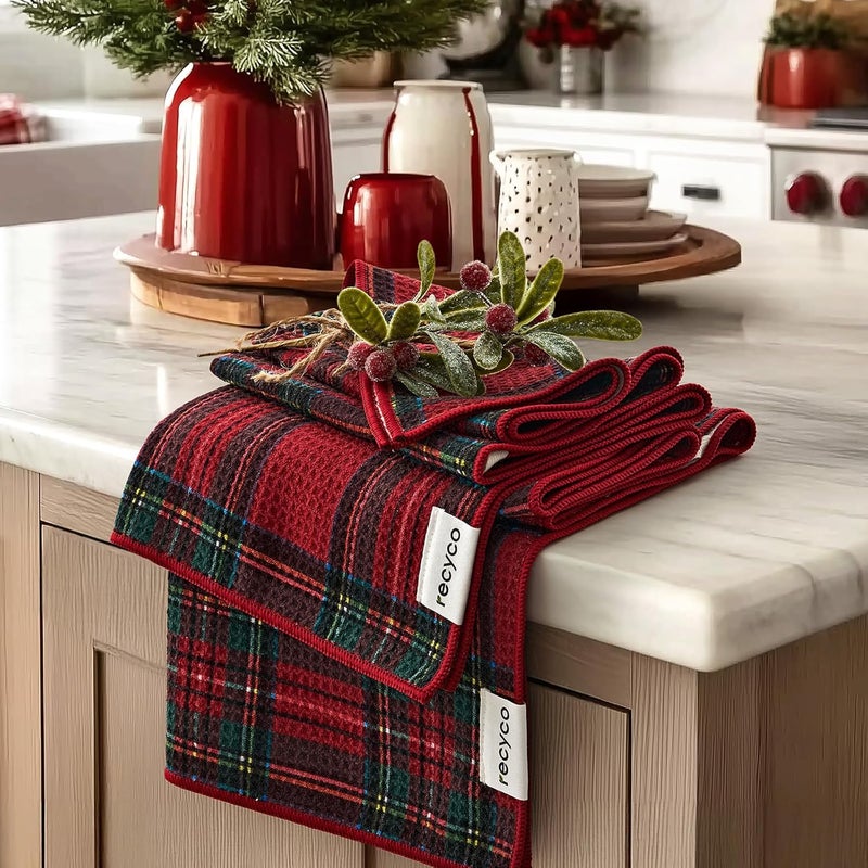 RECYCO Christmas Waffle Kitchen Towel Set of 2 - Quick Dry Microfiber Sustainable Dish Towels - Ultra Absorbent Reusable Cleaning Tea Towels - Lightweight Hand Towels,16”x 28”, Stewart Plaid Red - Image 1