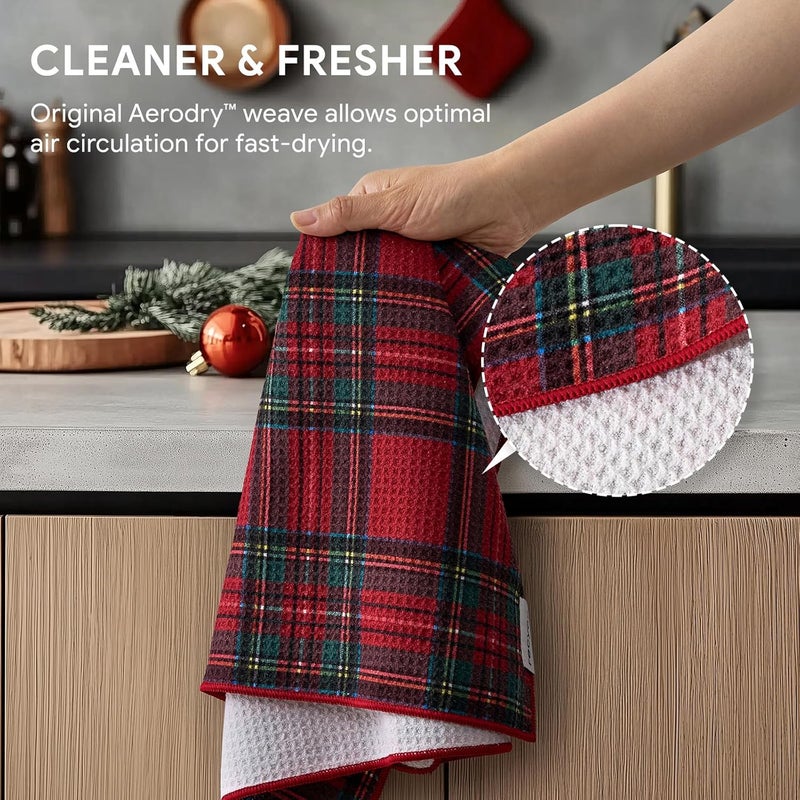 RECYCO Christmas Waffle Kitchen Towel Set of 2 - Quick Dry Microfiber Sustainable Dish Towels - Ultra Absorbent Reusable Cleaning Tea Towels - Lightweight Hand Towels,16”x 28”, Stewart Plaid Red - Image 4