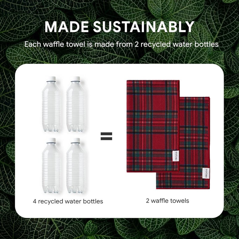 RECYCO Christmas Waffle Kitchen Towel Set of 2 - Quick Dry Microfiber Sustainable Dish Towels - Ultra Absorbent Reusable Cleaning Tea Towels - Lightweight Hand Towels,16”x 28”, Stewart Plaid Red - Image 5