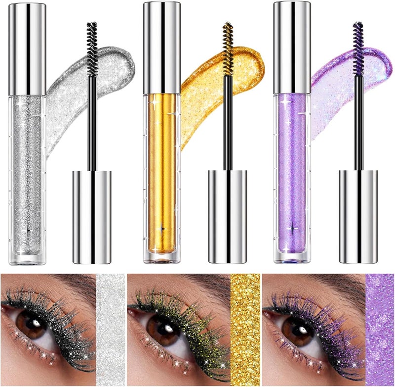 LOPHE Glitter Mascara 3Pcs Sparkling Diamond Mascara Set LongLasting Waterproof Shiny Eyelash Mascara Metallic Lash Mascara Glitter Gold Silver Purple Eye Makeup Gift for Party Christmas