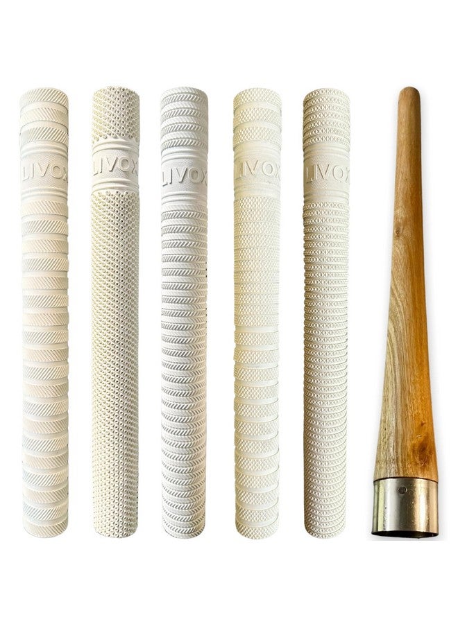 Livox Rubber White Textured Cricket Bat Handle Grip for Shock Absorption with Wooden Cone Cricket Bat Acce ories (5 Grips and 1 Cone) - Image 1