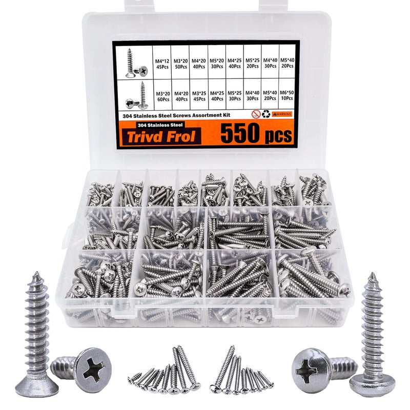 Trivd Frol 550Pcs Self Tapping Screws Assortment Set M3M4M5M6 304 Stainless Steel Sheet Metal Screws Kit Phillips Drive Wood Screw Assortment 550Pcs275pcs Round Head and 275pcs Flat Head - Image 2