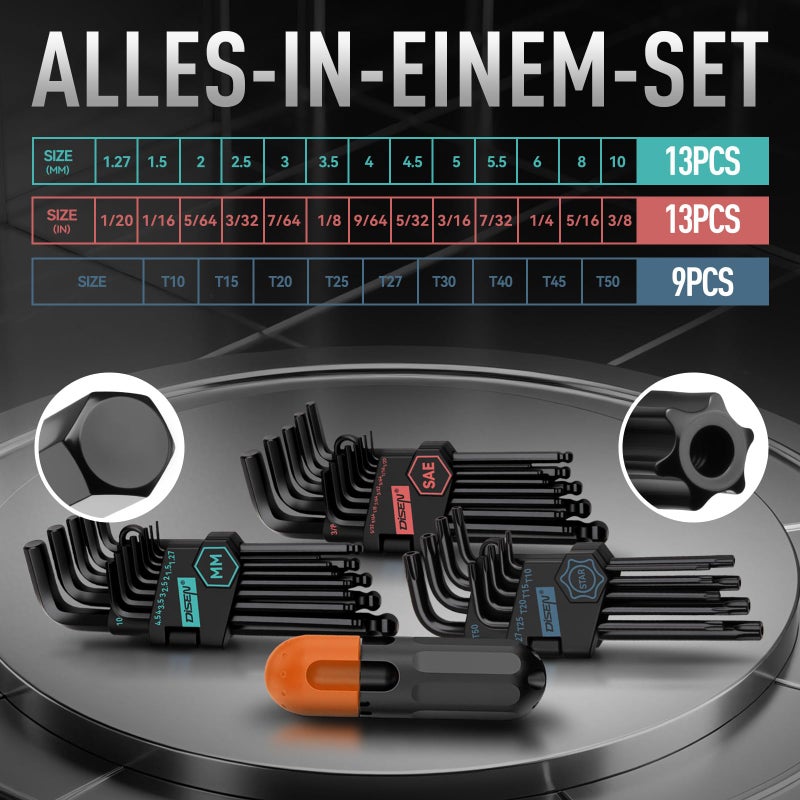 DISEN 36PC Allen Wrench Set, SAE & Metric Hex Key Set Torx Star Key Set, Long Arm Ball Head Design with T-Handle, Heat Treated Chrome Vanadium Steel - Image 2