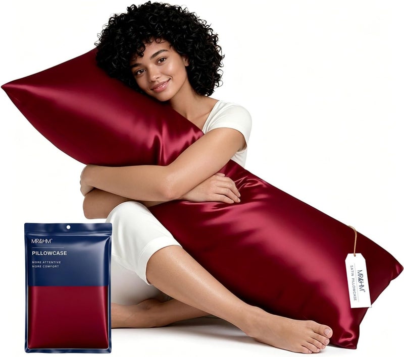 MR&HM Satin Body Pillow Cover, Soft and Breathable Body Pillow Case with Envelope Closure, Cooling and Silky Long Pillowcase for Hair and Skin,Grey (20x54, Burgundy) - Image 1