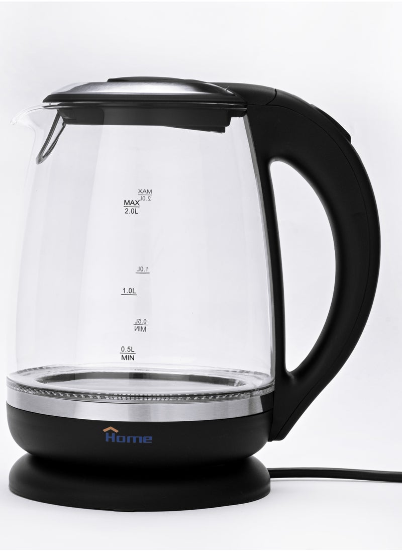 Home Glass electric kettle 1850W, capacity: 2 liters. 360-degree rotating base, easy to use. High-borosilicate glass body, durable and stain-resistant. Base made of stainless steel. Automatically shuts off when water boils. Blue indicator light.  - Image 1