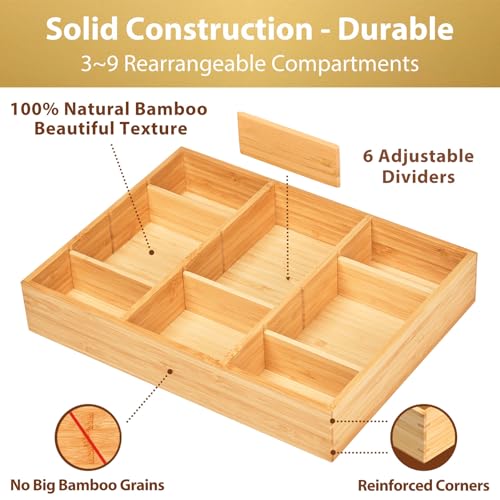 Umilife Desk Drawer Organizer, Bamboo Wood Organizer Tray with Adjustable Compartments, Office Desk Accessories Supplies Organization Storage, 12" x 9" - Image 2