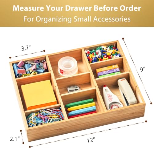 Umilife Desk Drawer Organizer, Bamboo Wood Organizer Tray with Adjustable Compartments, Office Desk Accessories Supplies Organization Storage, 12" x 9" - Image 3