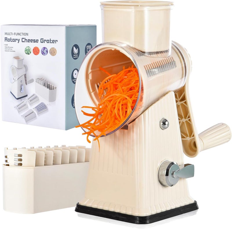 ZEAYEA Xilrvna RotaryCheese Grater,VegetableShredder 5 in 1 Cheese Grater with HandleedderReinforcedSuction,EasytoClean,KitchenChopperforCrushedIce,Fruits and Nuts with Blade Storage Case（White - Image 1