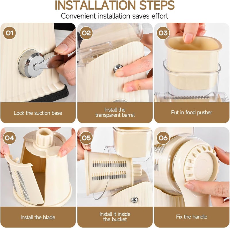 ZEAYEA Xilrvna RotaryCheese Grater,VegetableShredder 5 in 1 Cheese Grater with HandleedderReinforcedSuction,EasytoClean,KitchenChopperforCrushedIce,Fruits and Nuts with Blade Storage Case（White - Image 5