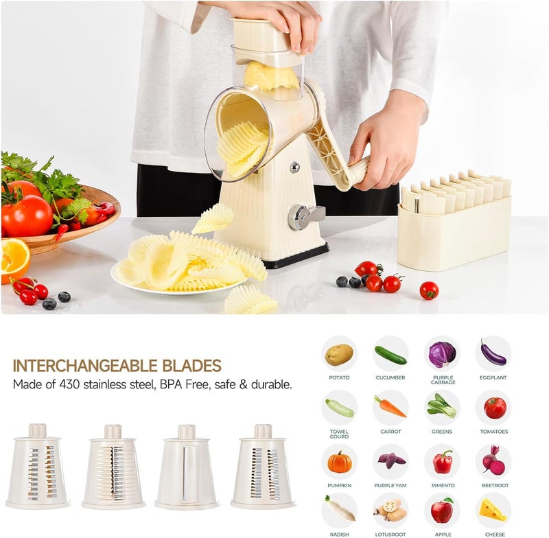 ZEAYEA Xilrvna RotaryCheese Grater,VegetableShredder 5 in 1 Cheese Grater with HandleedderReinforcedSuction,EasytoClean,KitchenChopperforCrushedIce,Fruits and Nuts with Blade Storage Case（White - Image 3