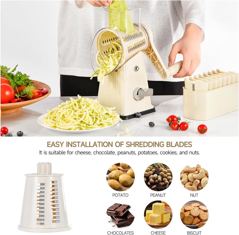 ZEAYEA Xilrvna RotaryCheese Grater,VegetableShredder 5 in 1 Cheese Grater with HandleedderReinforcedSuction,EasytoClean,KitchenChopperforCrushedIce,Fruits and Nuts with Blade Storage Case（White - Image 4