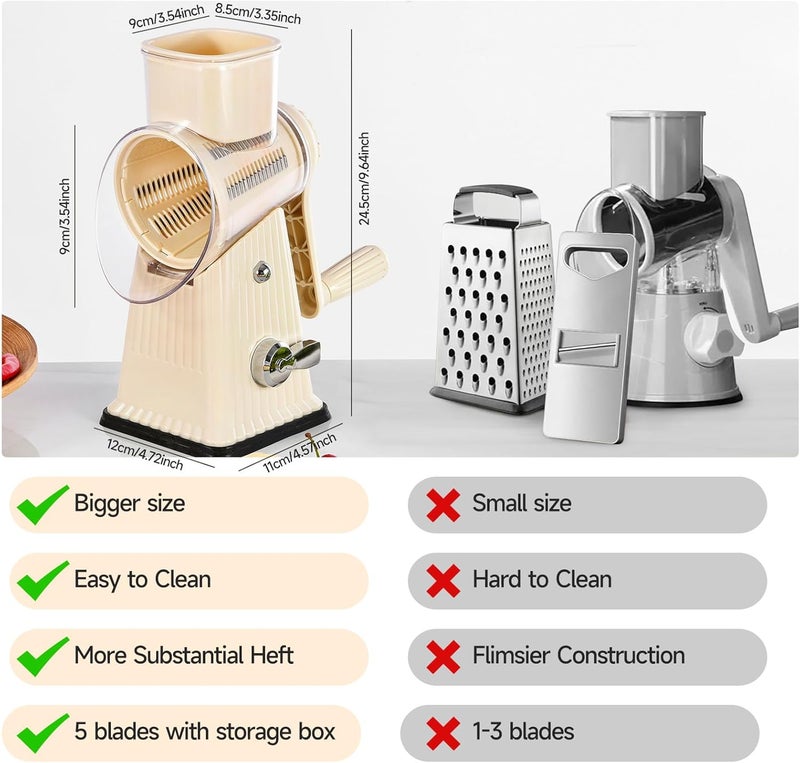 ZEAYEA Xilrvna RotaryCheese Grater,VegetableShredder 5 in 1 Cheese Grater with HandleedderReinforcedSuction,EasytoClean,KitchenChopperforCrushedIce,Fruits and Nuts with Blade Storage Case（White - Image 2