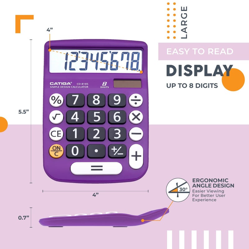 CATIGA Desktop Calculator 8 Digit with Solar Power and LCD Display, or Home, Office, School, Class and Business, 4 Function Small Basic - Image 2