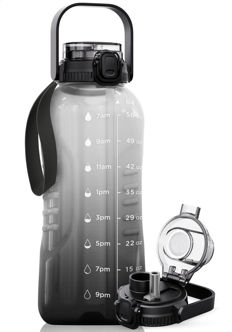 AQUAFIT 64 oz Water Bottle with Time Marker  2in1 Straw  Chug Lid  BPA Free Big Water Bottle with Straw  Gym Water Bottle with Strap  Water Jug 64 Ounces Midnight Gray
