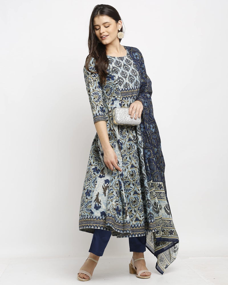 Monira Women's Pure Cambric Cotton Floral Printed A-Line Anarkali Kurta Set with Dupatta (Ready to Wear; Blue; Small)(MONVL218-S) - Image 3