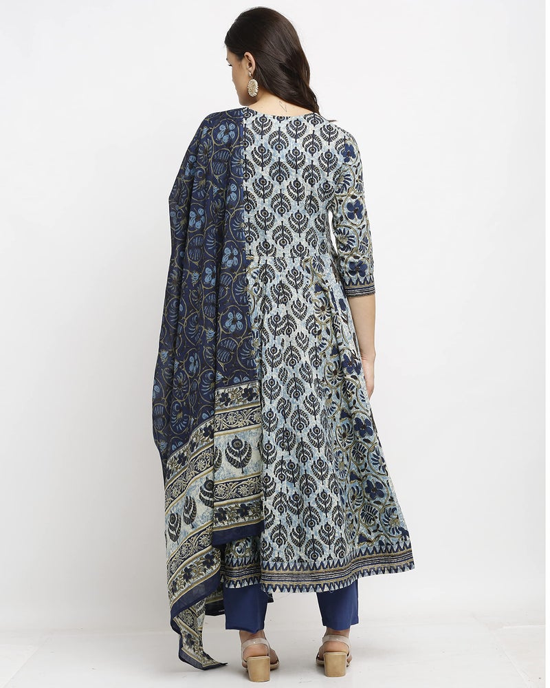 Monira Women's Pure Cambric Cotton Floral Printed A-Line Anarkali Kurta Set with Dupatta (Ready to Wear; Blue; Small)(MONVL218-S) - Image 2