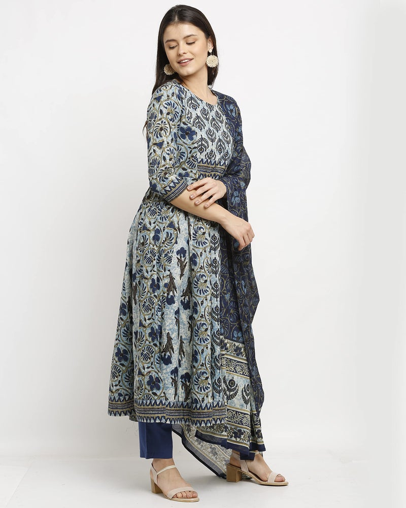 Monira Women's Pure Cambric Cotton Floral Printed A-Line Anarkali Kurta Set with Dupatta (Ready to Wear; Blue; Small)(MONVL218-S) - Image 5