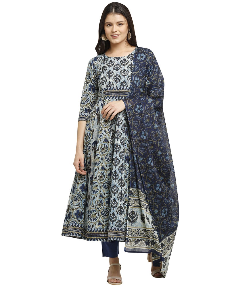 Monira Women's Pure Cambric Cotton Floral Printed A-Line Anarkali Kurta Set with Dupatta (Ready to Wear; Blue; Small)(MONVL218-S) - Image 1