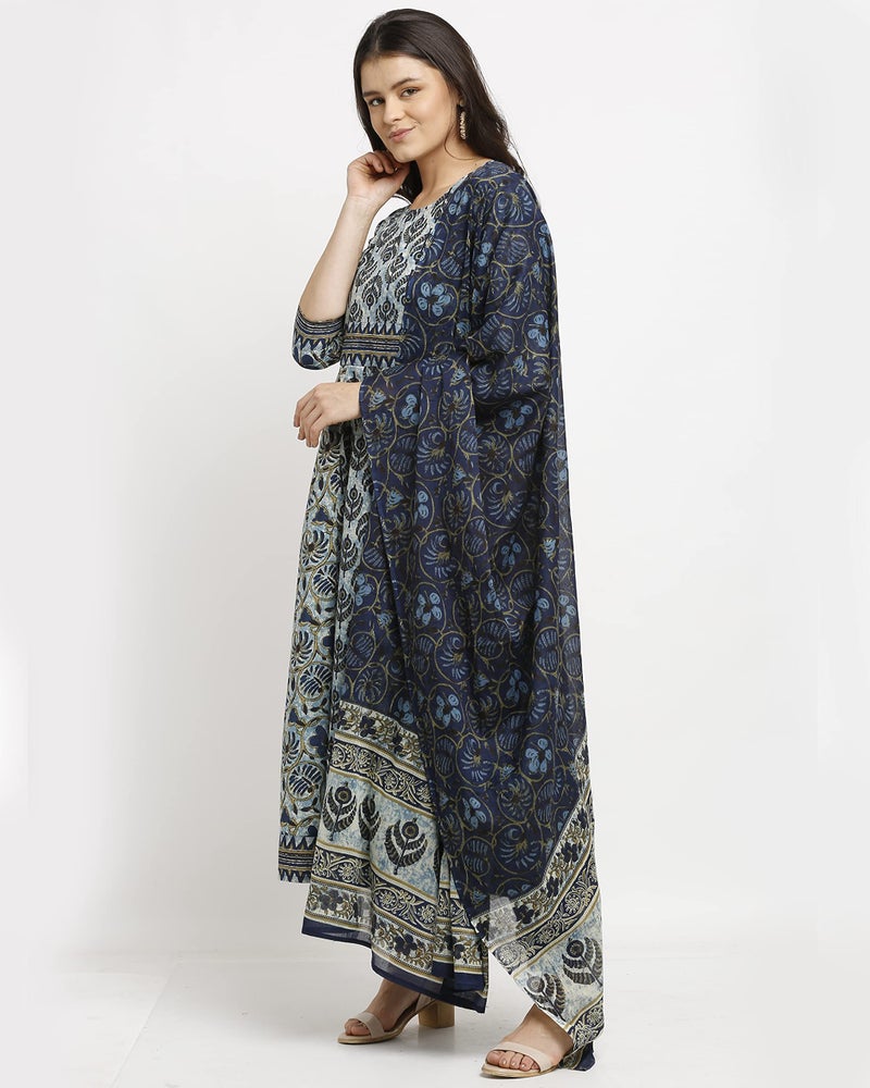 Monira Women's Pure Cambric Cotton Floral Printed A-Line Anarkali Kurta Set with Dupatta (Ready to Wear; Blue; Small)(MONVL218-S) - Image 4