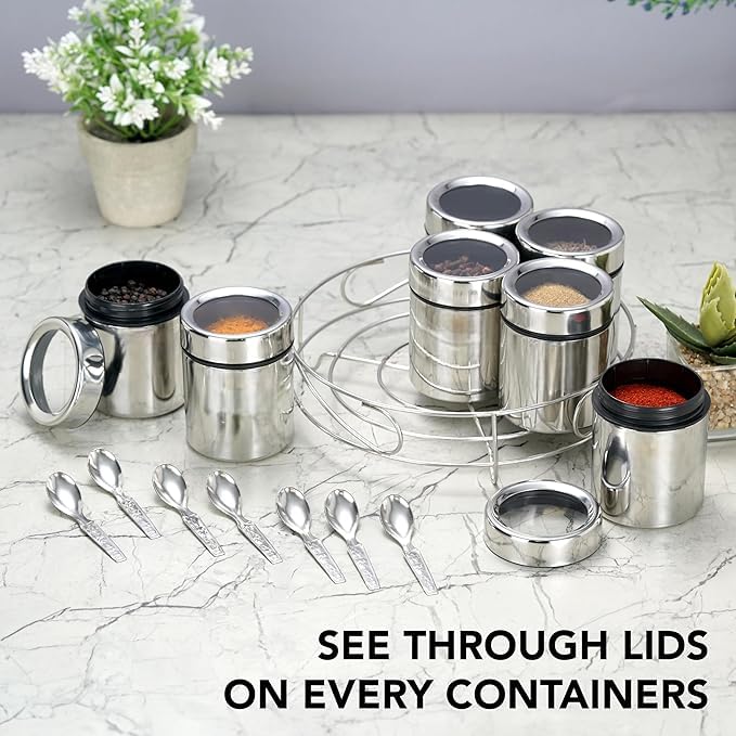 STEEPLE Masala Box For Kitchen|Spice Box For Kitchen|Masala Dabba For Home&Resturants|7 In 1 Spice Set Steel|Storage 7 Container In 1 Stand Per 190 Ml,Silver - Image 2