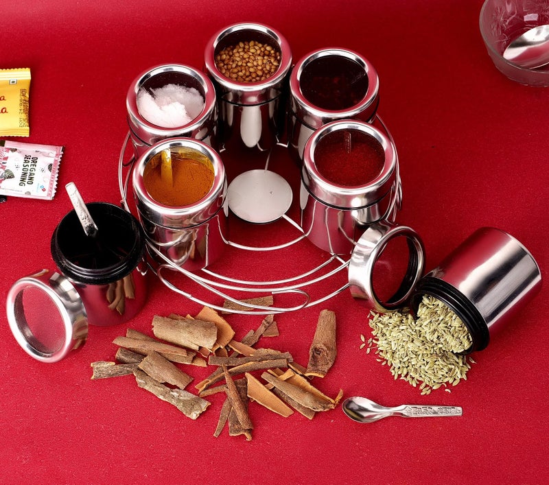 STEEPLE Masala Box For Kitchen|Spice Box For Kitchen|Masala Dabba For Home&Resturants|7 In 1 Spice Set Steel|Storage 7 Container In 1 Stand Per 190 Ml,Silver - Image 3