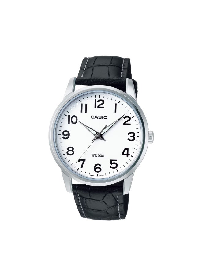 Casio MTP-1303L-7BVDF Men’s Analog Watch – White Dial, Black Leather Strap, Classic Minimal Design - Image 1