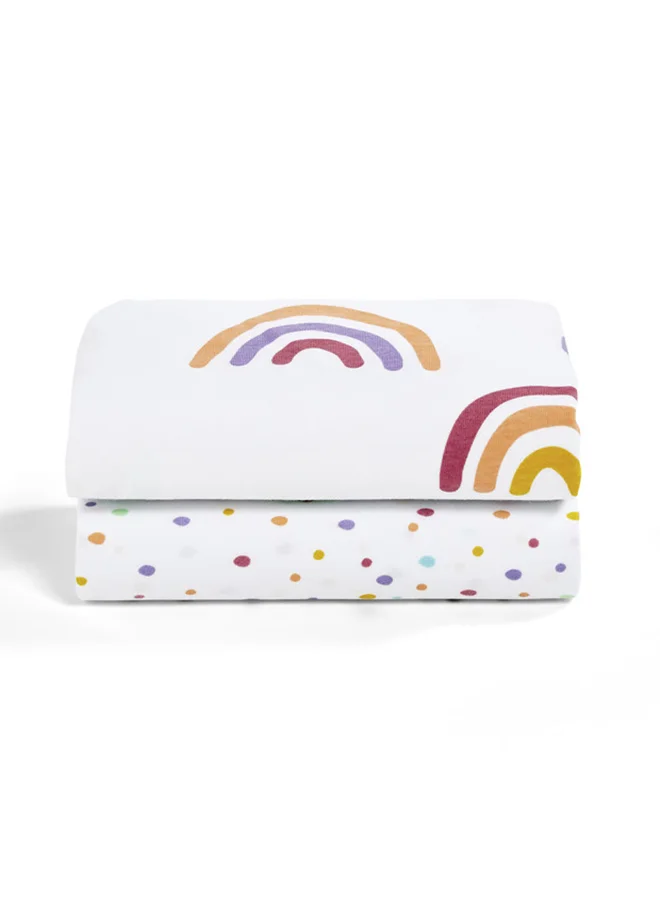 Snuz Pack of 2 Crib Fitted Sheets, Design Ed To Fit Pod Bedside Cribs, 100% Cotton, Infant And Baby, Patternrainbow, Fitted Sheet Size - 44 X 80Cm