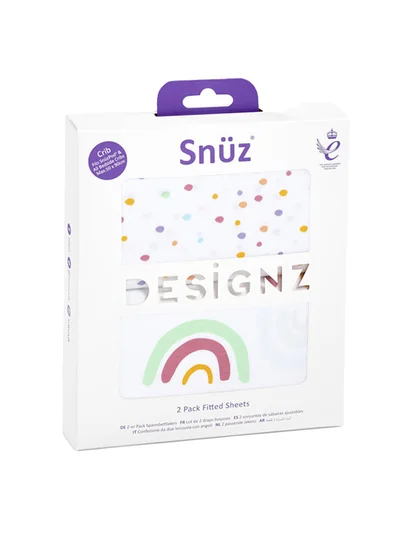 Snuz Pack of 2 Crib Fitted Sheets, Design Ed To Fit Pod Bedside Cribs, 100% Cotton, Infant And Baby, Patternrainbow, Fitted Sheet Size - 44 X 80Cm