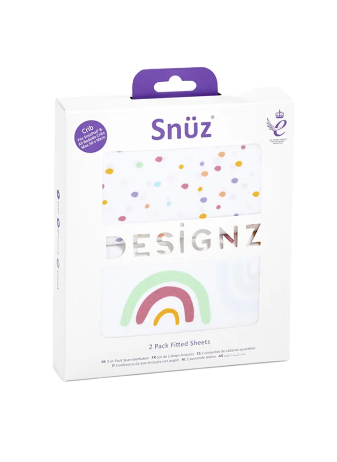 Snuz Pack of 2 Crib Fitted Sheets, Design Ed To Fit Pod Bedside Cribs, 100% Cotton, Infant And Baby, Patternrainbow, Fitted Sheet Size - 44 X 80Cm