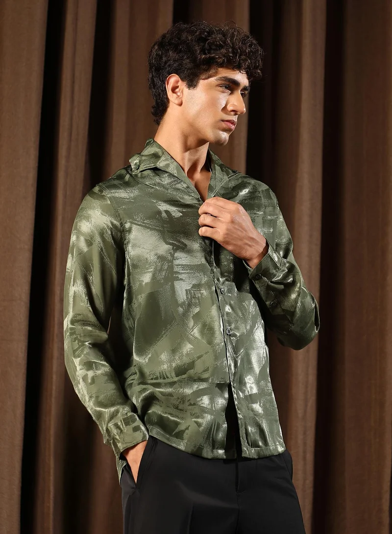 CAHOOT  Men's Dark Olive Abstract-Jacquard Satin Shirt for Men | Best Price UAE