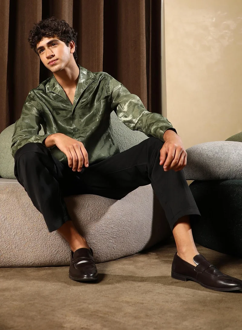 CAHOOT  Men's Dark Olive Abstract-Jacquard Satin Shirt for Men | Best Price UAE