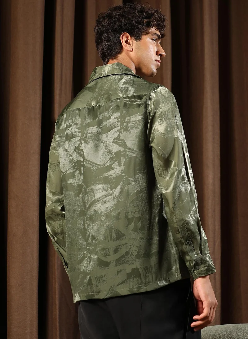 CAHOOT  Men's Dark Olive Abstract-Jacquard Satin Shirt for Men | Best Price UAE