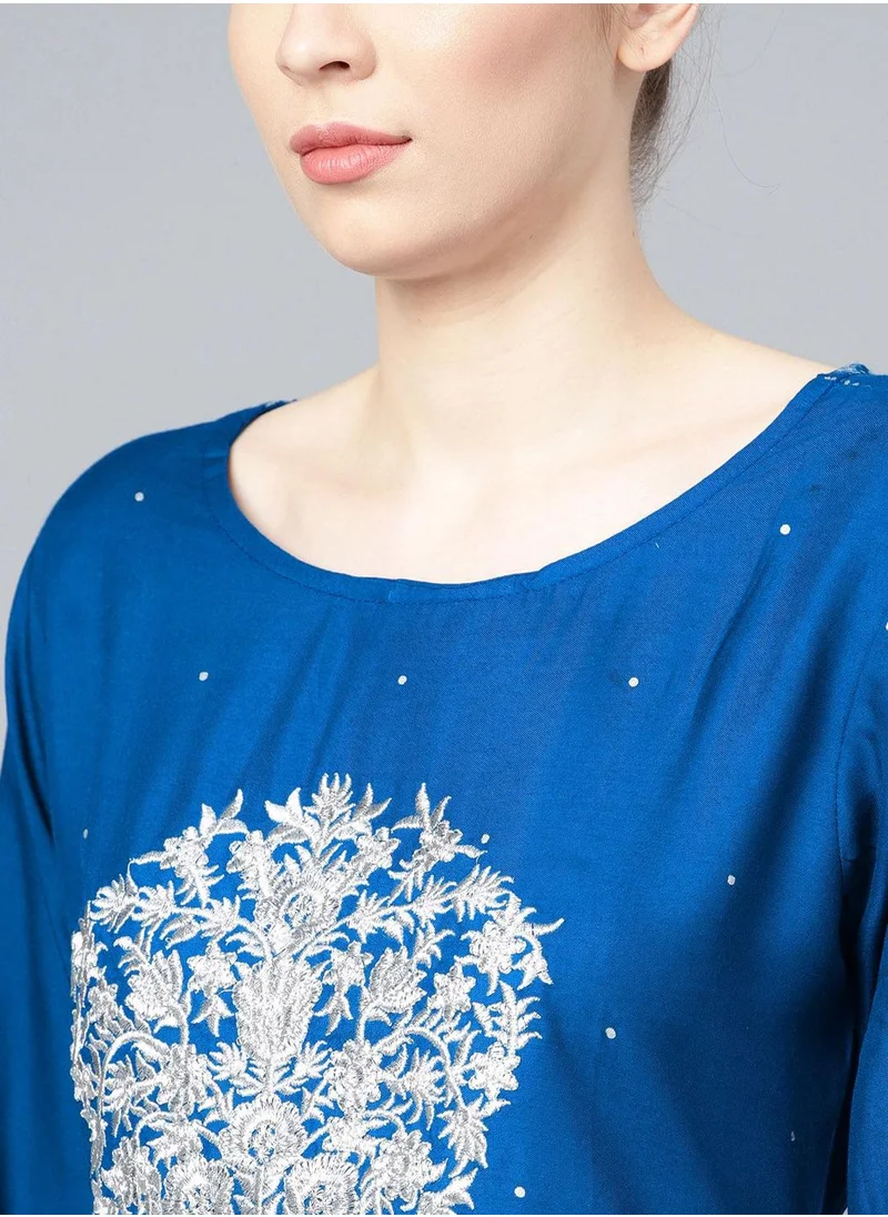 آي شين A-Line Fit Printed Pattern Round Neck Three-Quarter Sleeves Blue Colour Knitted Cotton Kurta Set for Women with Semi Elastic Closure - A Must-Have for Every Wardrobe