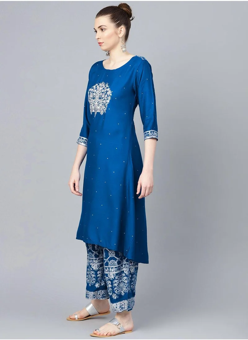 آي شين A-Line Fit Printed Pattern Round Neck Three-Quarter Sleeves Blue Colour Knitted Cotton Kurta Set for Women with Semi Elastic Closure - A Must-Have for Every Wardrobe