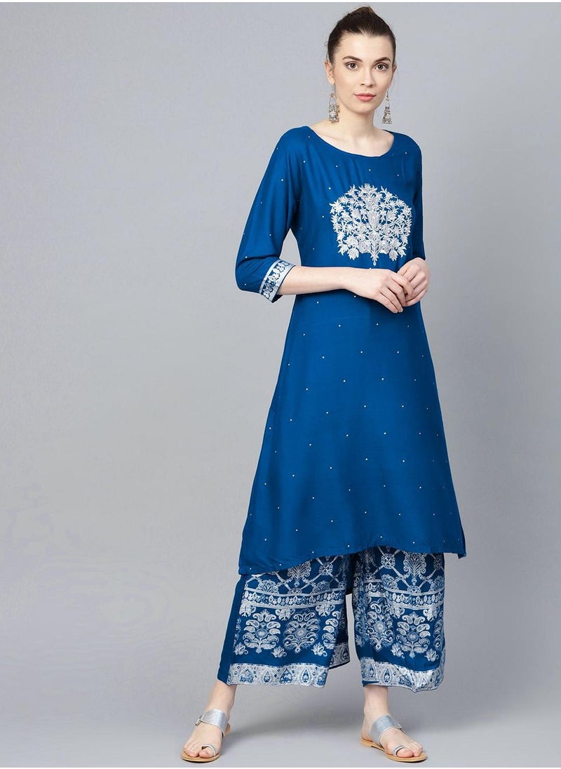ISHIN A-Line Fit Printed Pattern Round Neck Three-Quarter Sleeves Blue Colour Knitted Cotton Kurta Set for Women with Semi Elastic Closure - A Must-Have for Every Wardrobe  - Image 2