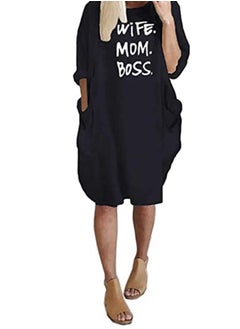 SYOSI Wife Mom Boss dress Letters Print Cotton Long Sleeve T-Shirt Dresses Round Neck Long Sleeve Causal Loose Baggy Oversized Dresses with Big Pockets For Women (black)  - Image 4