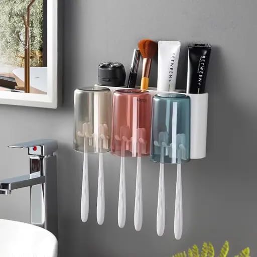 FYCAN Toothbrush Holder Wall Mounted Strong LoadBearing Toothbrush Holders with Toothbrush Organizer Slots and 3 Mouthwash Cup Bathroom Household Space Saving Bathroom AccessoriesMulti3 Cup - Image 1