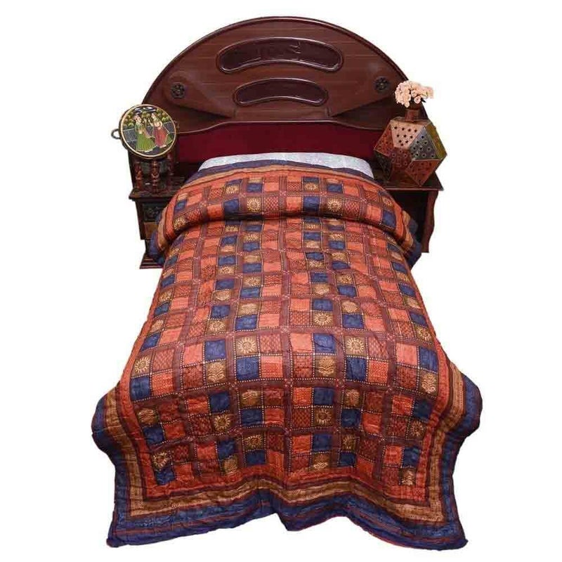 Little India Sanganeri Floral Gold Print Cotton Single Bed Quilt Multicolor DLI3SRZ108 - Image 2