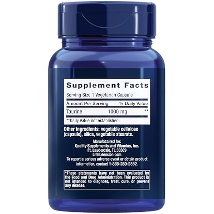 Life Extension Taurine, Pure Taurine Amino Acid Supplement, Heart, Liver and Brain Health, Longevity, Muscle and Exercise, 1000 mg dose, Non-GMO, Gluten-Free, Vegetarian, 90 Vegetarian Capsules - Image 2