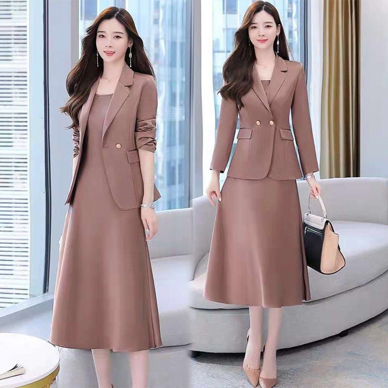 Autumn and winter 2025 new fashion Korean slim temperament small suit skirt two-piece suit womens dress fashion Brown - Image 2
