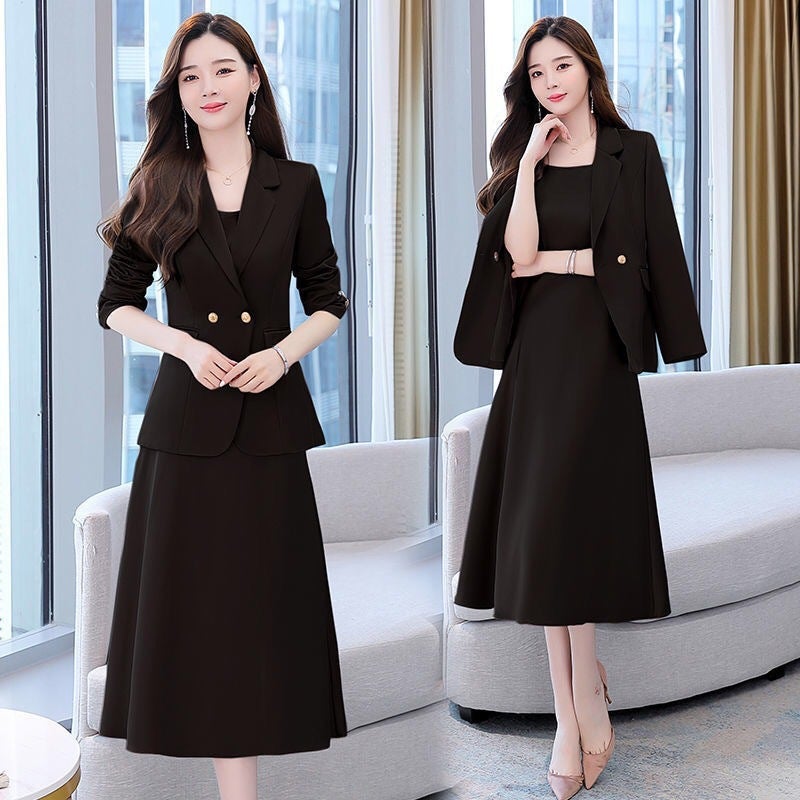 Autumn and winter 2025 new fashion Korean slim temperament small suit skirt two-piece suit womens dress fashion Brown - Image 3
