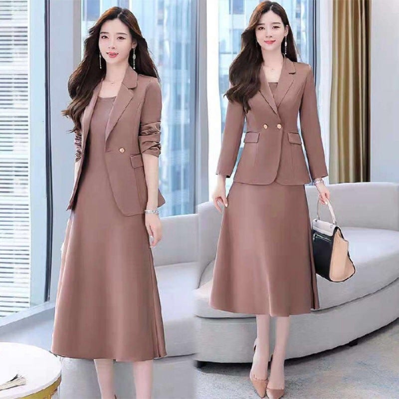 Autumn and winter 2025 new fashion Korean slim temperament small suit skirt two-piece suit womens dress fashion Brown - Image 1