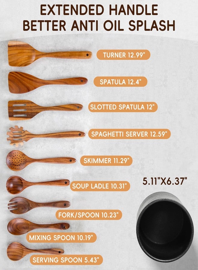 Nucookery طقم أدوات طهي خشبية من نوكوكيري مع حامل، أدوات من خشب الساج، حامل سيراميك لسطح العمل مع قاعدة من الفلين للحماية، ملاعق غير لاصقة، طقم ملاعق مسطحة، 10 قطع ديكور للمطبخ، (لون أسود حجري) - Image 4