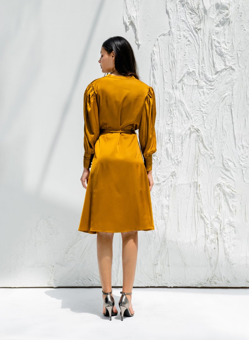 COTTONNAIVE LADIES SILK DRESS WITH BUTTONED SLEEVE DETAILS AND WAIST BELT  - Image 3