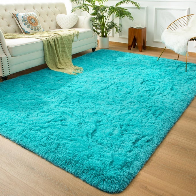 SOFT FLUFFY BEDROOM RUGS 5 X 8 FEET INDOOR SHAGGY PLUSH AREA RUG FOR BOYS GIRLS KIDS BABY COLLEGE DORM LIVING ROOM HOME DECOR FLOOR CARPET TEAL BLUE