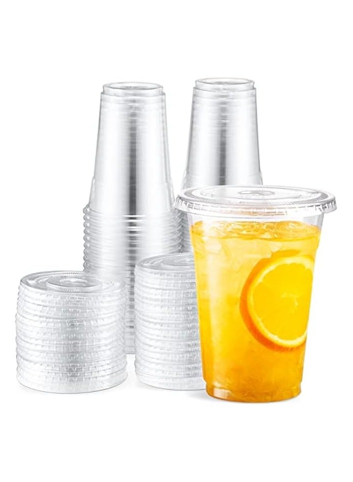 Green Tiger 16 oz Clear Plastic Cups with Lids 100 Sets Disposable Plastic Cups with Flat Lids To Go, Cold Drink Cups, Smoothie Cups, Disposable Ice Coffee Cups - Image 1