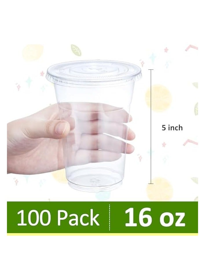 Green Tiger 16 oz Clear Plastic Cups with Lids 100 Sets Disposable Plastic Cups with Flat Lids To Go, Cold Drink Cups, Smoothie Cups, Disposable Ice Coffee Cups - Image 2