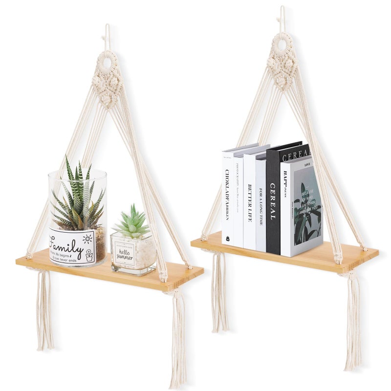 Sunkaioo Macrame Wall Hanging Shelf Set of 2,Boho Wooden Display Floating Shelves for Wall Decor with Handmade Woven Rope,Farmhouse Rustic Plant Shelf for Bedroom Dorm Nursery Living Room Bathroom - Image 1